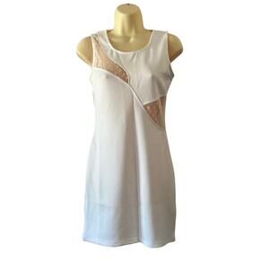 Lauren & Claire M White Stretch Knit Dress with Dotted Tulle Insets Juniors